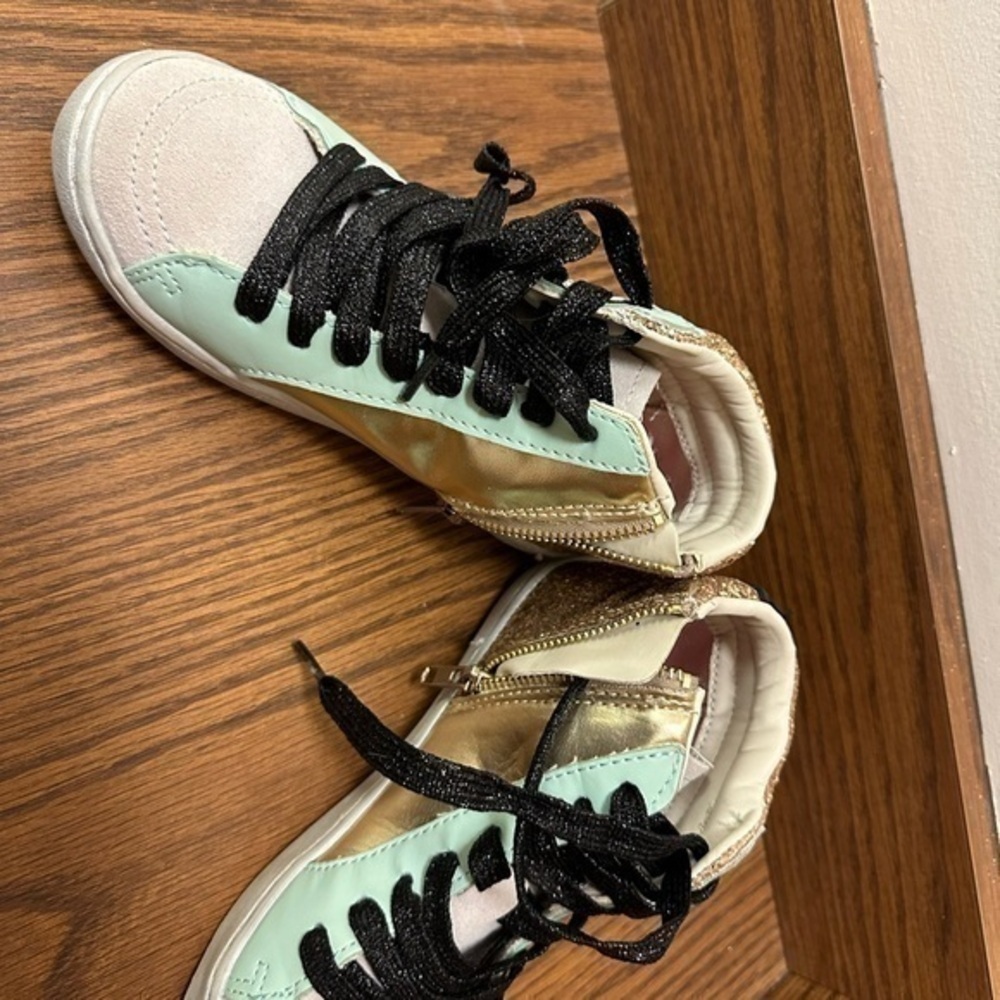 Justice sport girls metallic, gold, and blue high top sneakers size 1